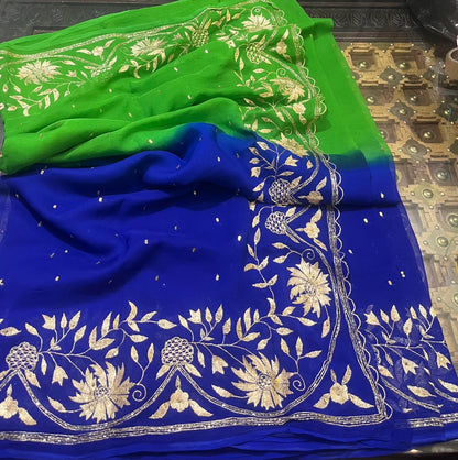 Ombre Blue Green Shaded Zari Jaal Saree