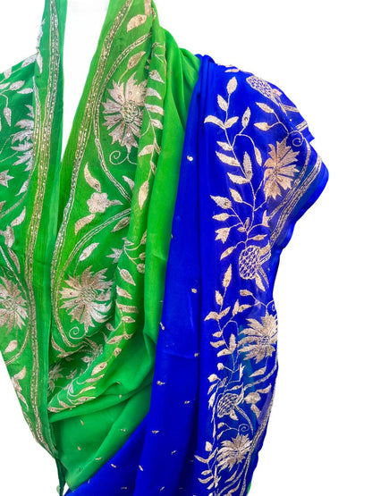 Ombre Blue Green Shaded Zari Jaal Saree