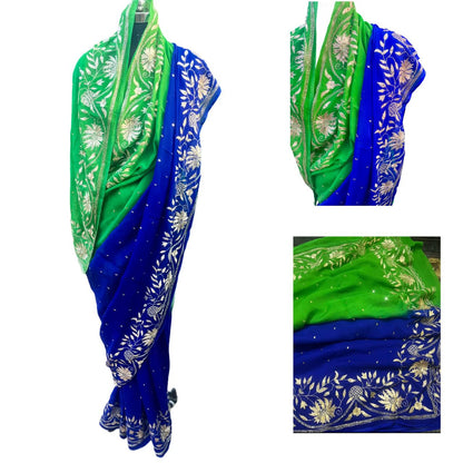 Ombre Blue Green Shaded Zari Jaal Saree