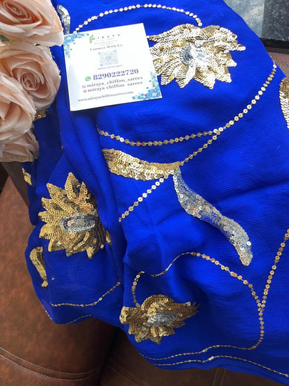 Blue Golden Silver Sequins Jaal Saree