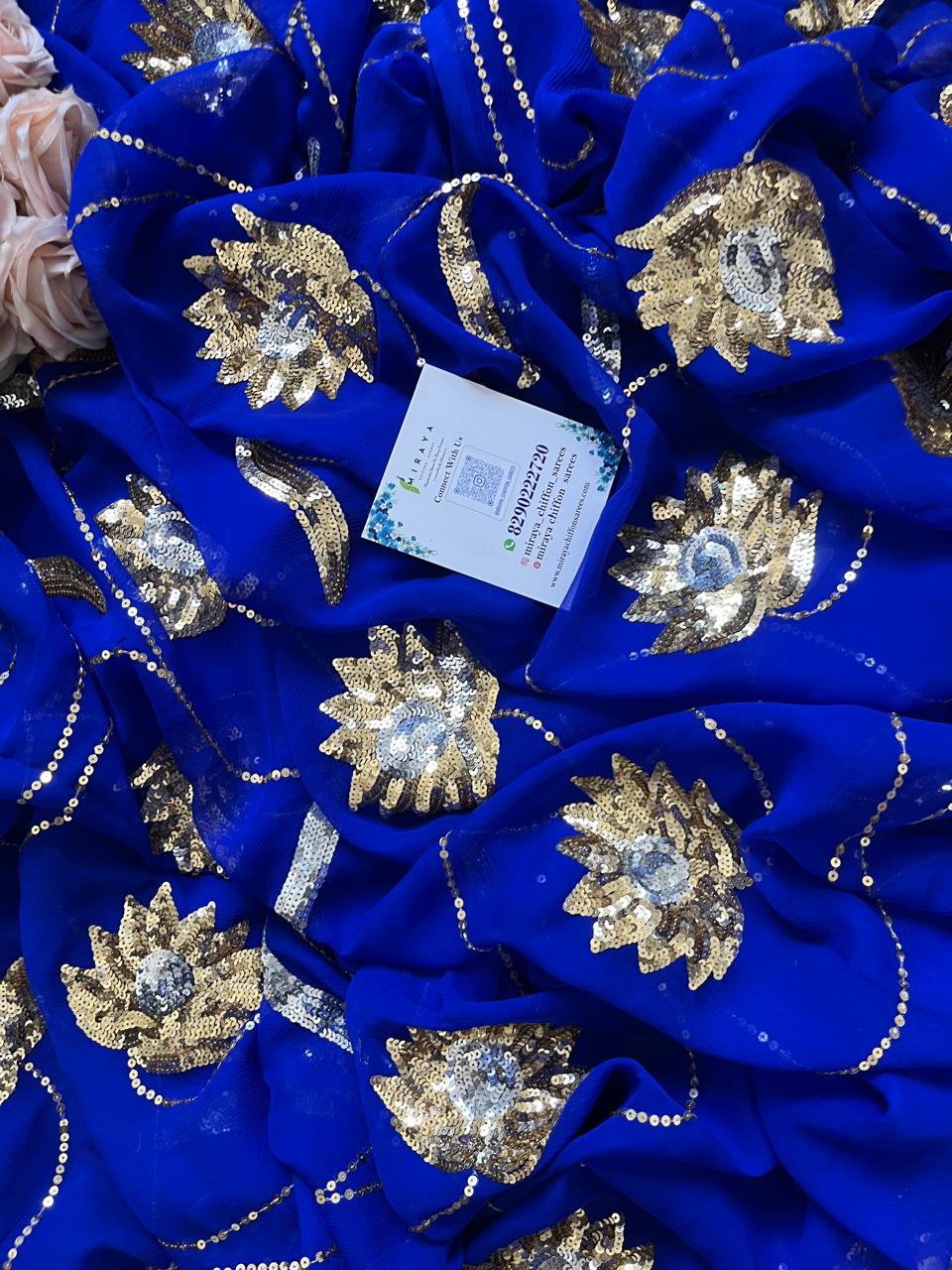 Blue Golden Silver Sequins Jaal Saree