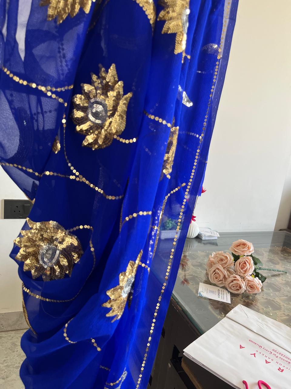 Blue Golden Silver Sequins Jaal Saree