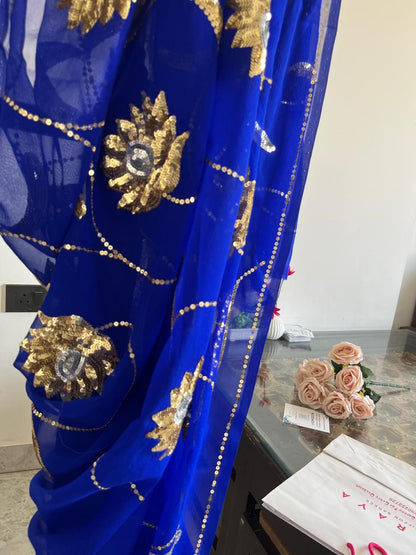 Blue Golden Silver Sequins Jaal Saree