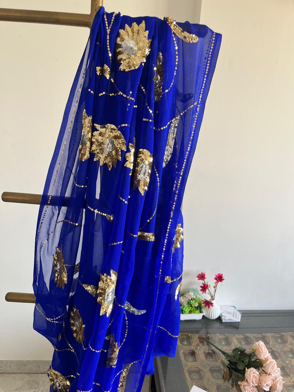 Blue Golden Silver Sequins Jaal Saree