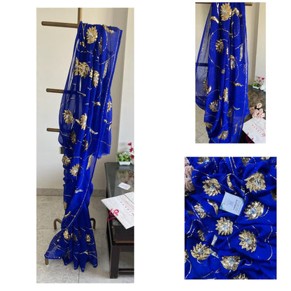 Blue Golden Silver Sequins Jaal Saree