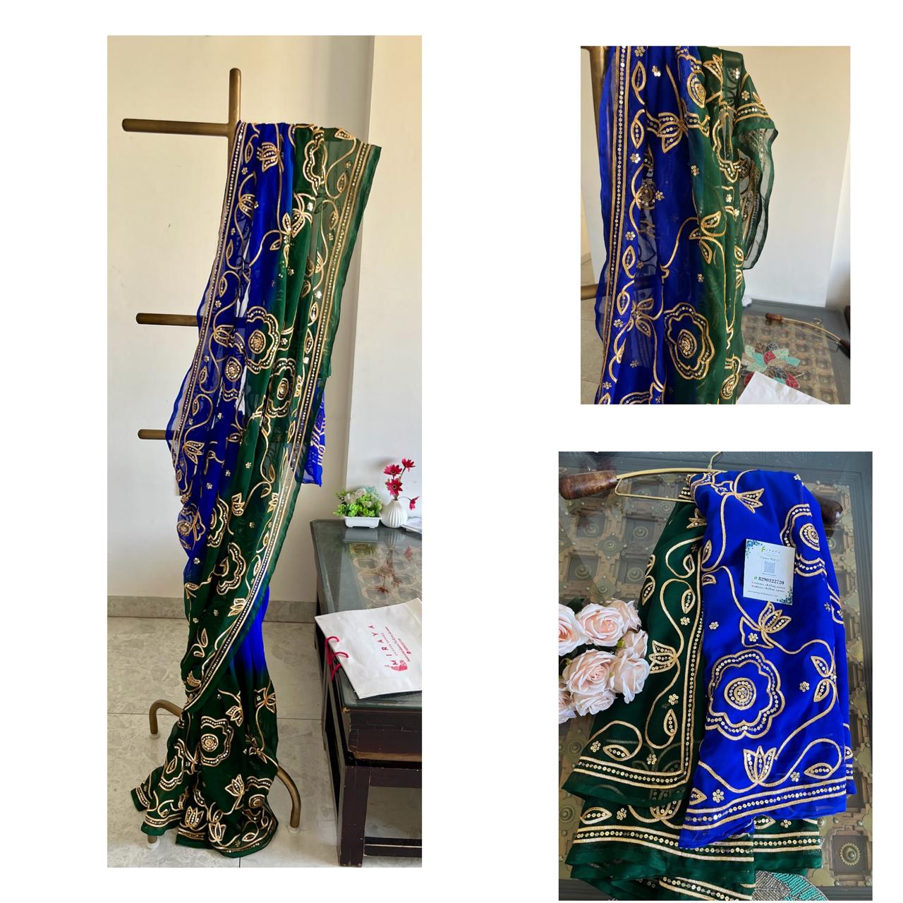 Ombre Blue Green Gotta Sequins Jaal Saree