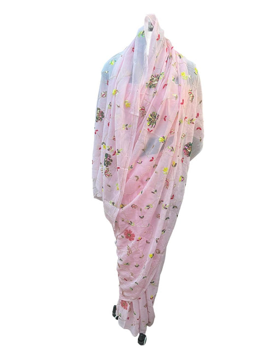 Pink Colour Sequins Jaal Saree