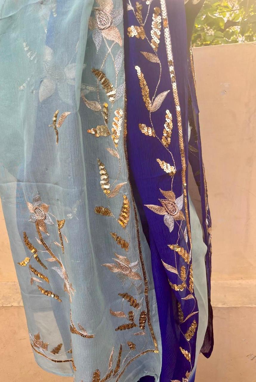 Ombre Powder Blue Shaded Zaari Sequins Border Saree