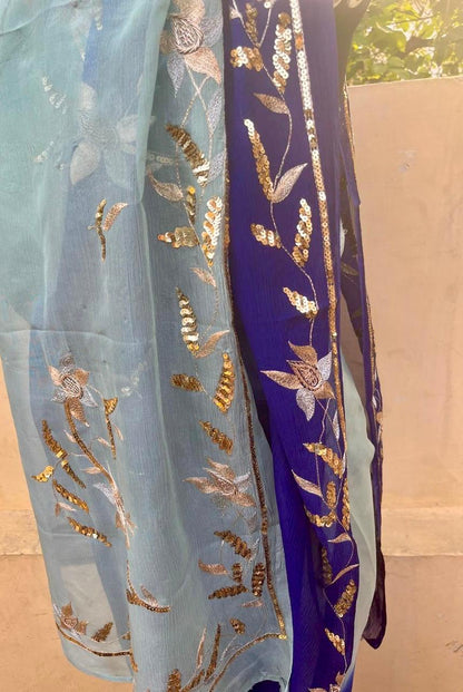 Ombre Powder Blue Shaded Zaari Sequins Border Saree