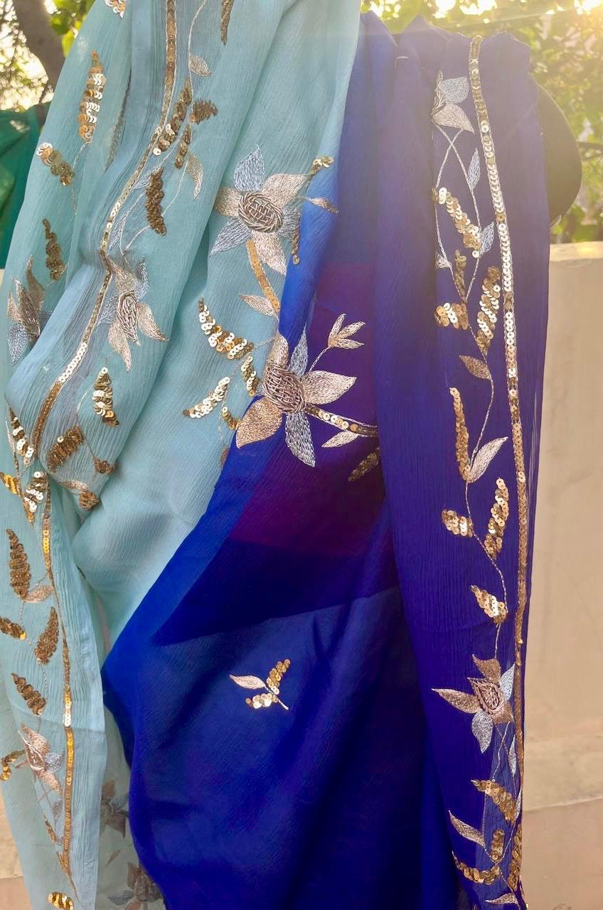 Ombre Powder Blue Shaded Zaari Sequins Border Saree