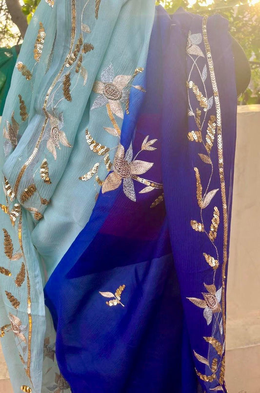 Ombre Powder Blue Shaded Zaari Sequins Border Saree