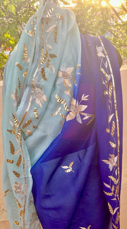 Ombre Powder Blue Shaded Zaari Sequins Border Saree