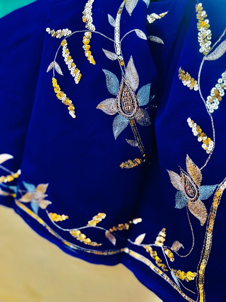 Ombre Powder Blue Shaded Zaari Sequins Border Saree
