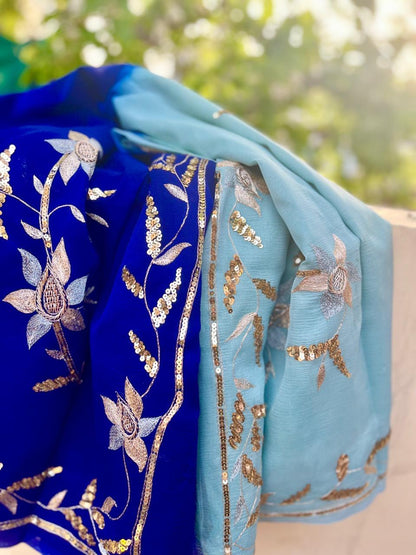 Ombre Powder Blue Shaded Zaari Sequins Border Saree