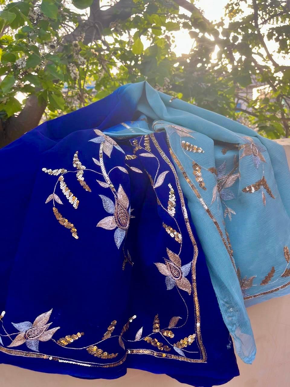 Ombre Powder Blue Shaded Zaari Sequins Border Saree