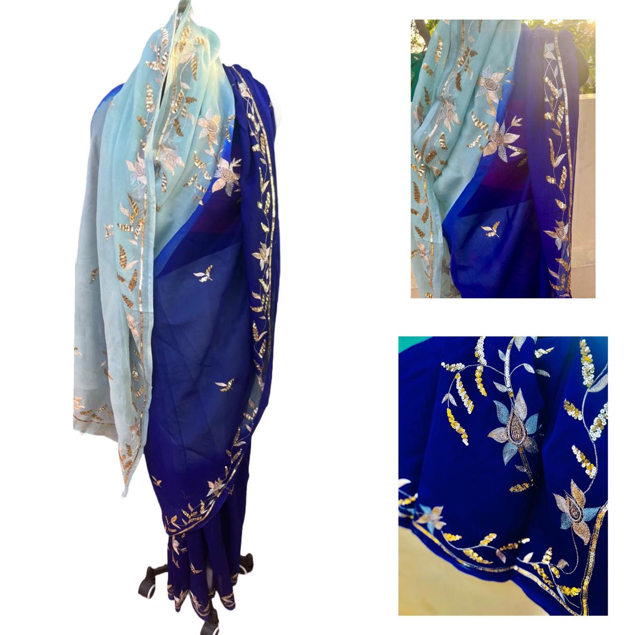 Ombre Powder Blue Shaded Zaari Sequins Border Saree