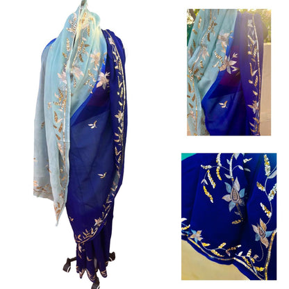 Ombre Powder Blue Shaded Zaari Sequins Border Saree