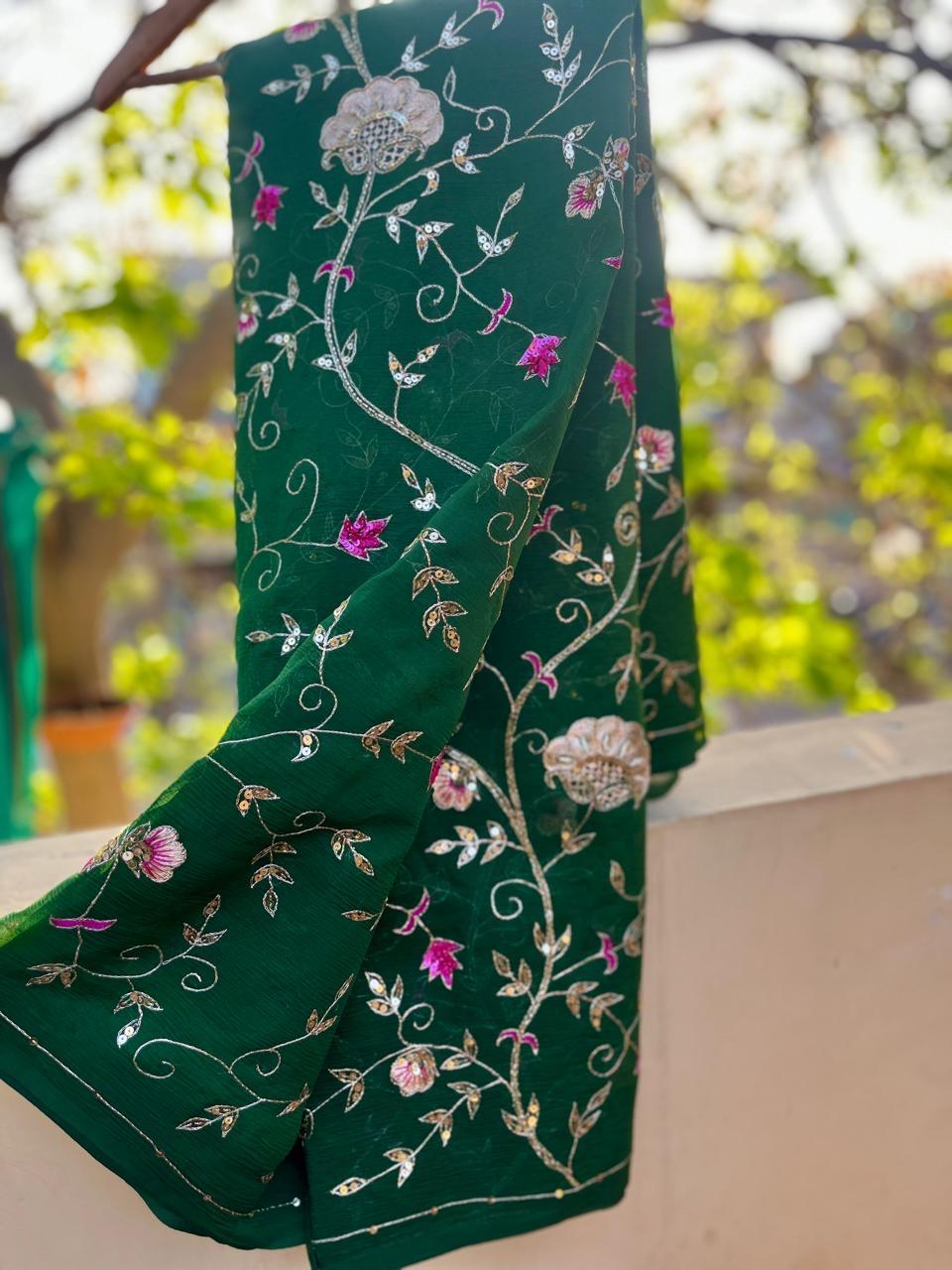 Bottle-Green Zari-Zardoji Sequins Jaal Saree