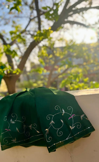 Bottle-Green Zari-Zardoji Sequins Jaal Saree