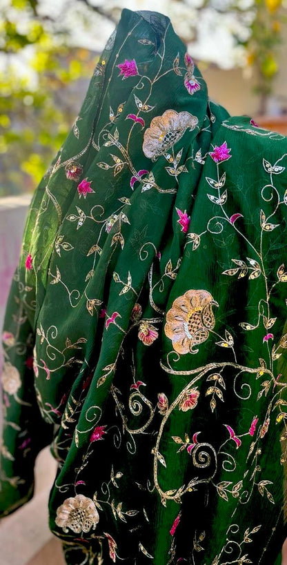 Bottle-Green Zari-Zardoji Sequins Jaal Saree