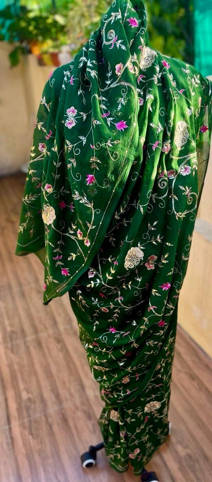 Bottle-Green Zari-Zardoji Sequins Jaal Saree