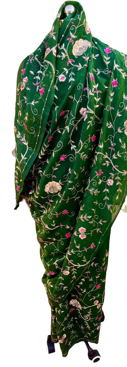 Bottle-Green Zari-Zardoji Sequins Jaal Saree