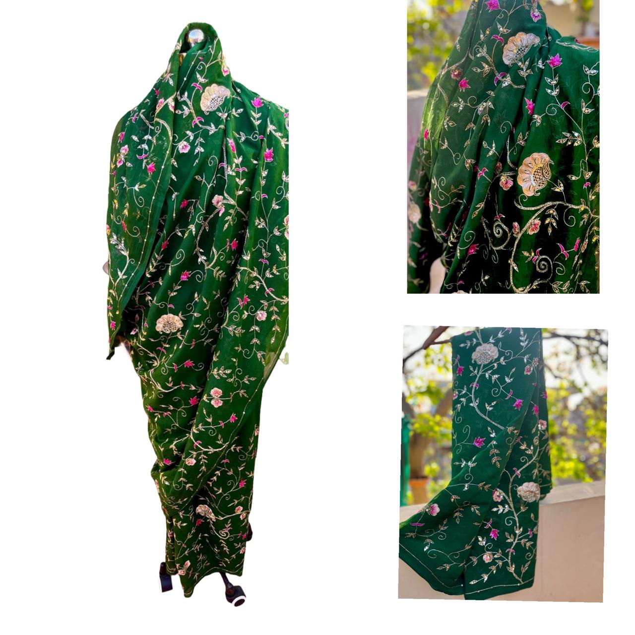 Bottle-Green Zari-Zardoji Sequins Jaal Saree