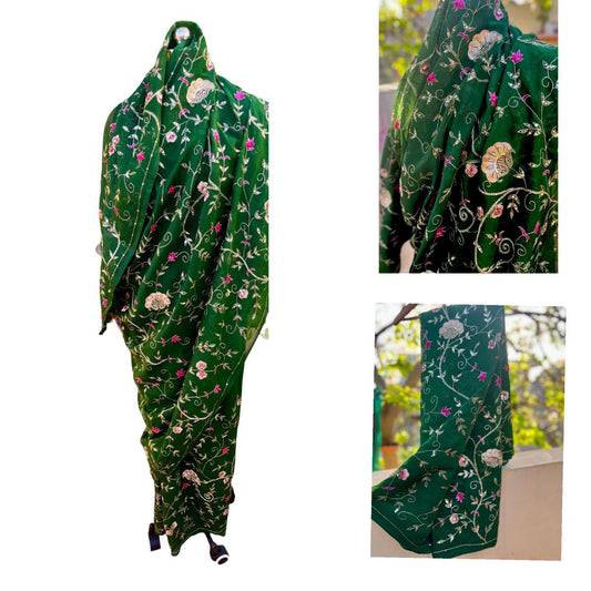 Bottle-Green Zari-Zardoji Sequins Jaal Saree