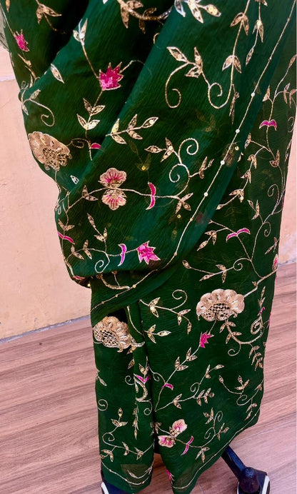 Bottle-Green Zari-Zardoji Sequins Jaal Saree