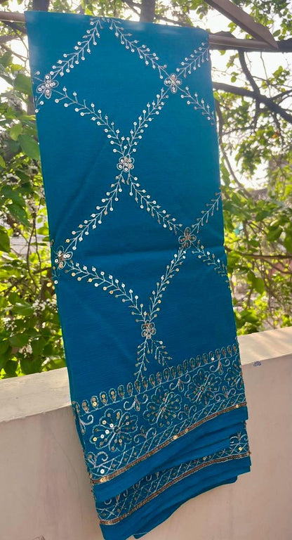 Teal Blue Zari Sequins Jaal Saree