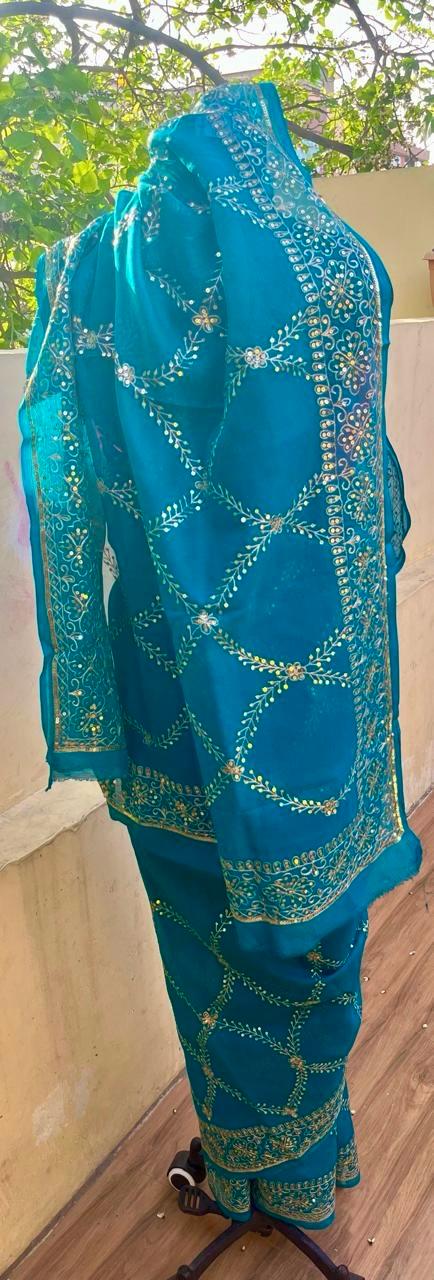 Teal Blue Zari Sequins Jaal Saree