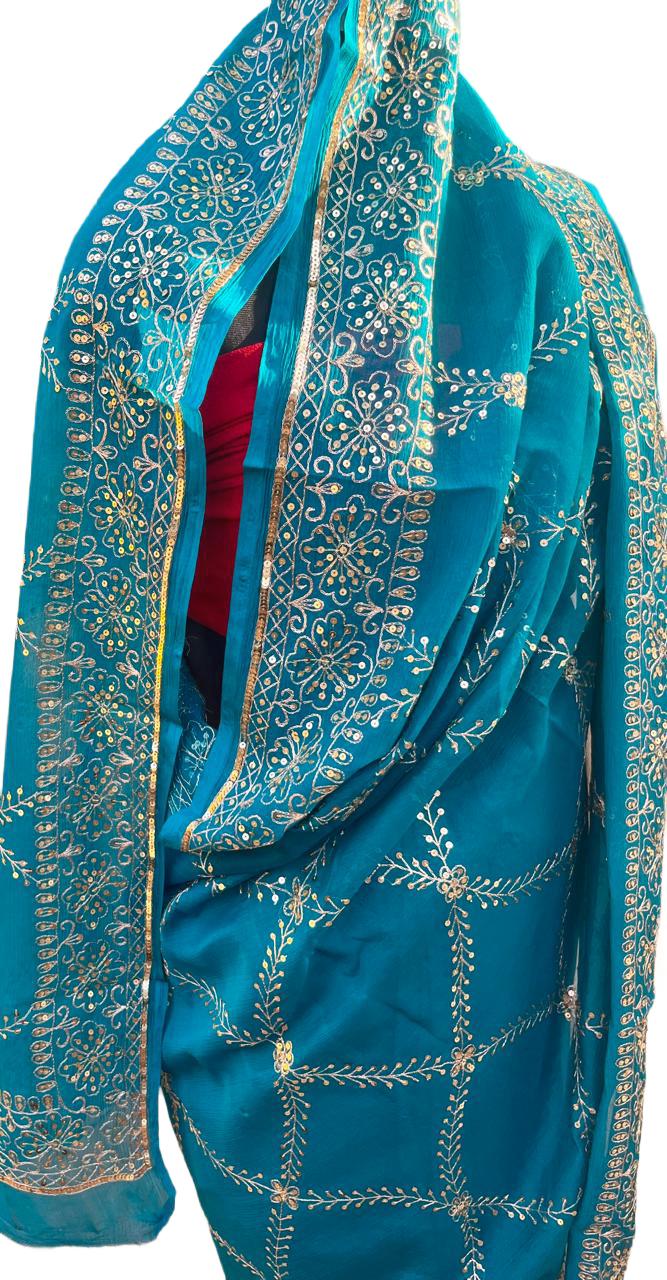 Teal Blue Zari Sequins Jaal Saree