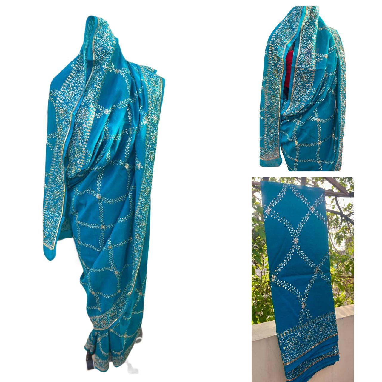 Teal Blue Zari Sequins Jaal Saree