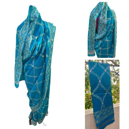 Teal Blue Zari Sequins Jaal Saree