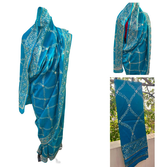 Teal Blue Zari Sequins Jaal Saree