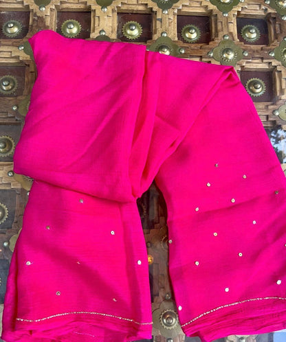 Ombre Red Pink Cutdana Border Saree