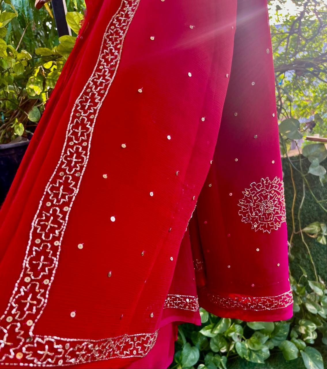 Ombre Red Pink Cutdana Border Saree