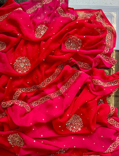 Ombre Red Pink Cutdana Border Saree