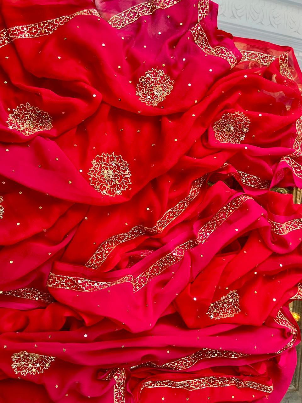 Ombre Red Pink Cutdana Border Saree