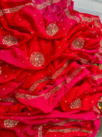 Ombre Red Pink Cutdana Border Saree