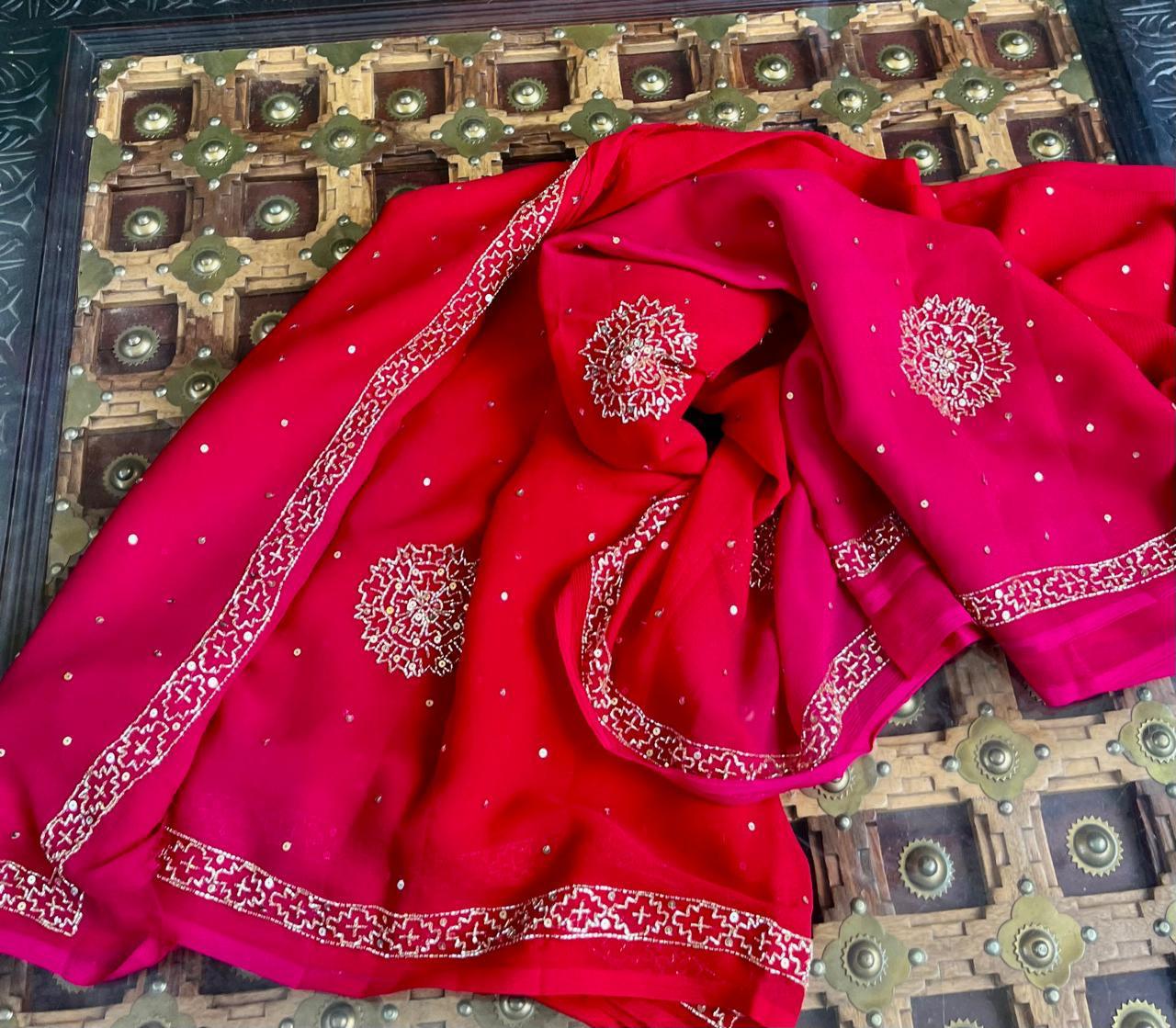 Ombre Red Pink Cutdana Border Saree