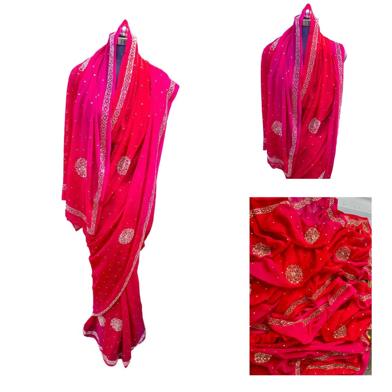 Ombre Red Pink Cutdana Border Saree