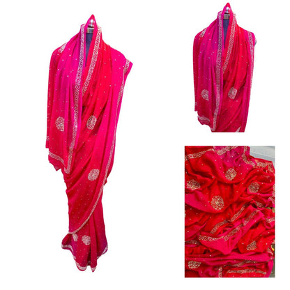 Ombre Red Pink Cutdana Border Saree