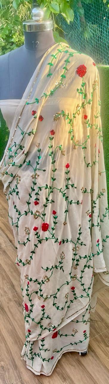Beige Pearl & sequin Jaal Saree