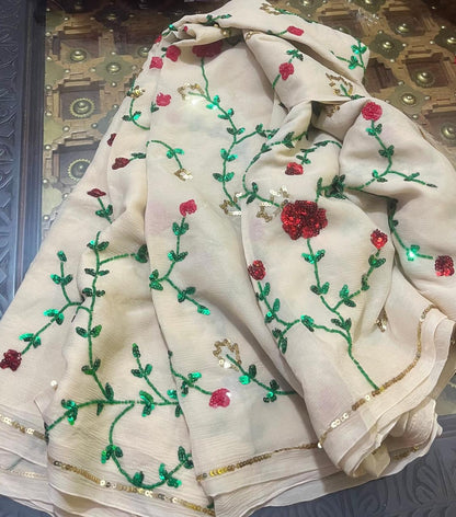 Beige Pearl & sequin Jaal Saree