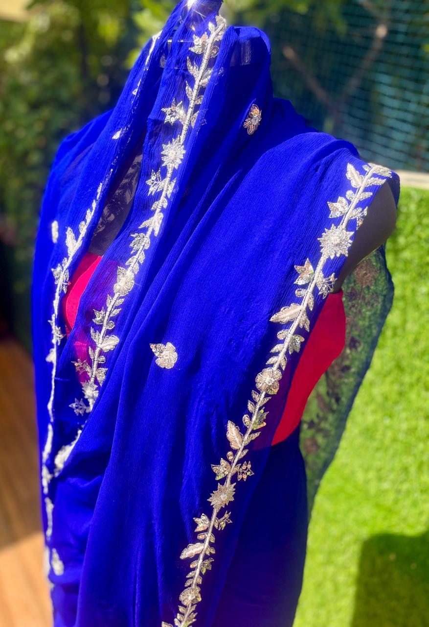 Blue Zari & pearl Border Saree