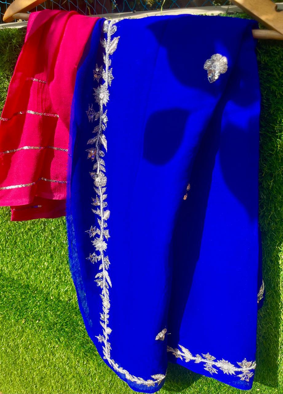 Blue Zari & pearl Border Saree