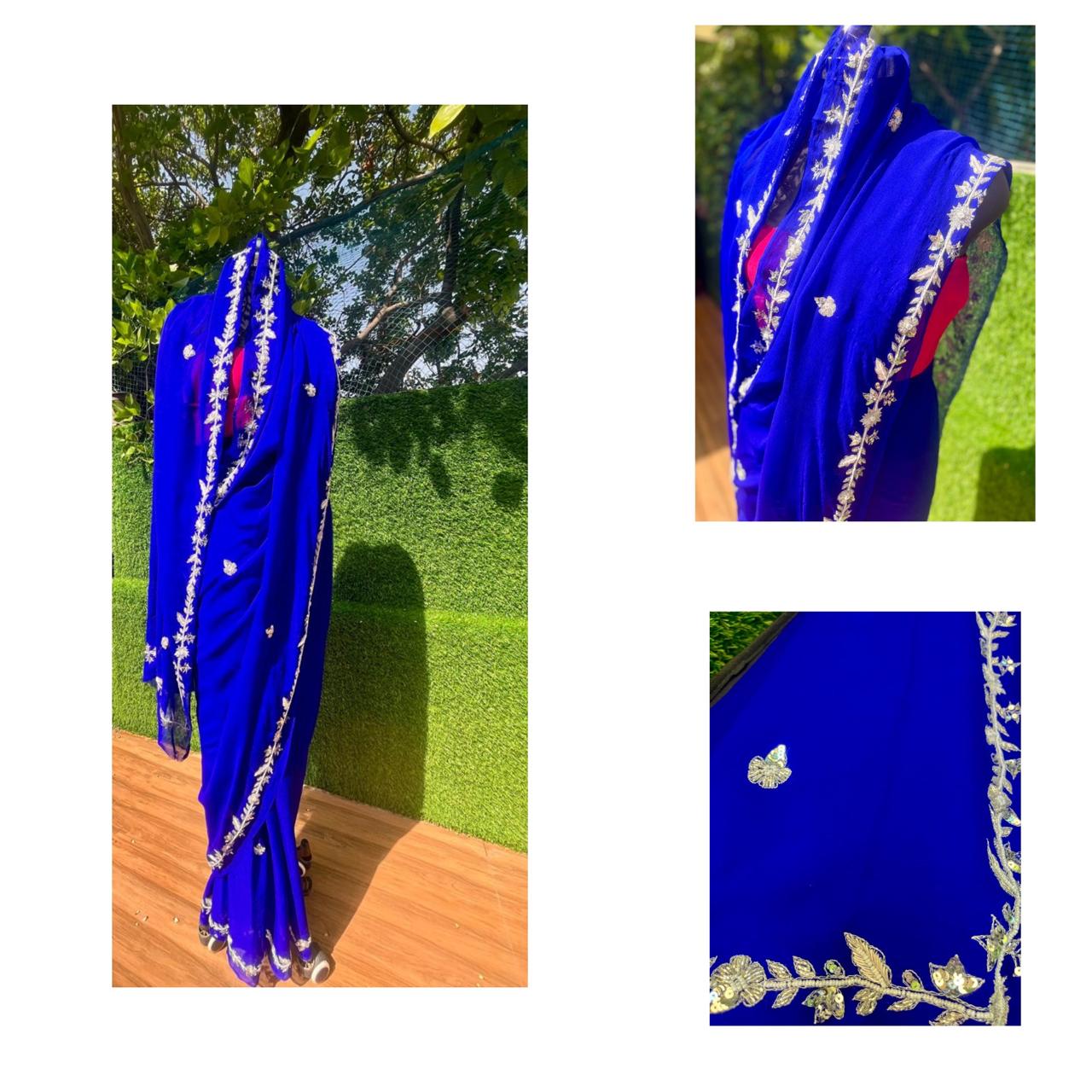 Blue Zari & pearl Border Saree