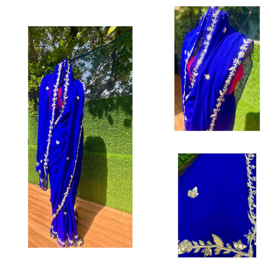 Blue Zari & pearl Border Saree