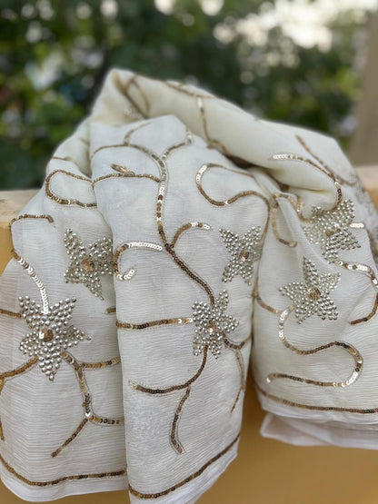 Off-White Sequins Jaal Saree